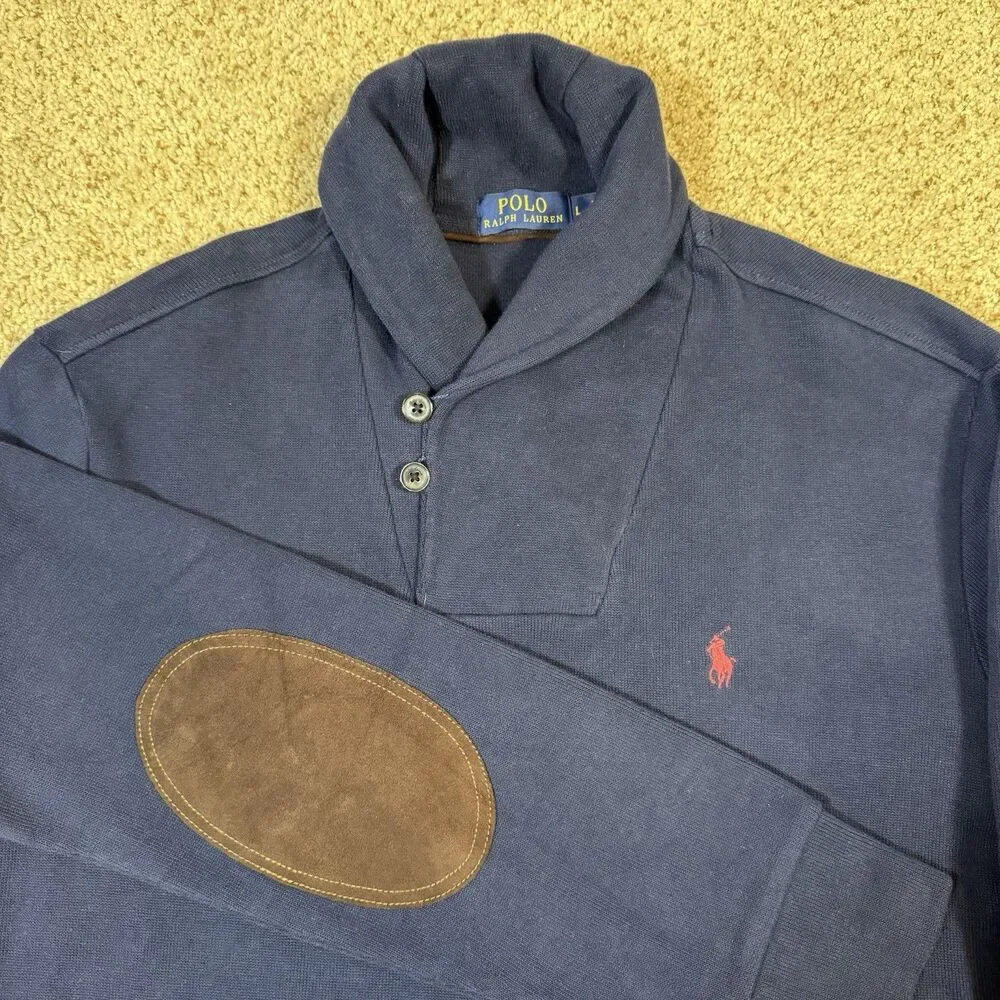 Vtg Polo Ralph Lauren Navy Shawl Neck Sweater Large Faux Suede Elbow Patch Pony